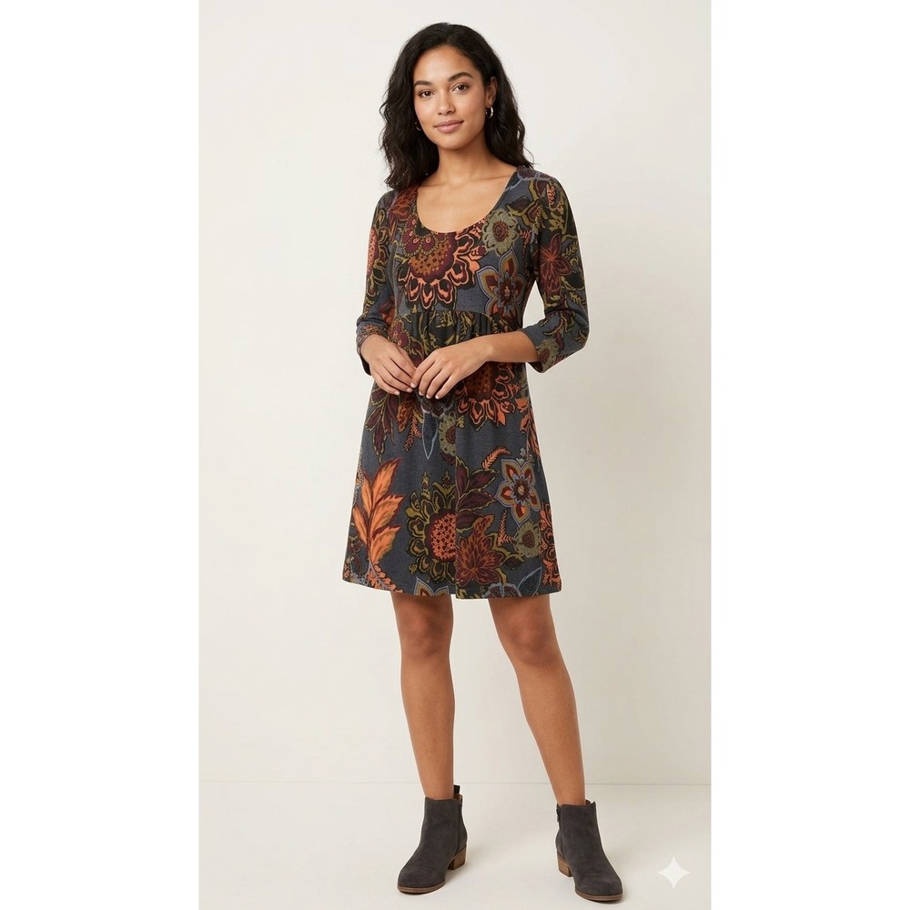 Reborn J Womens Boho Floral Empire Waist Mini Dress 3/4 Sleeve Grey Orange large